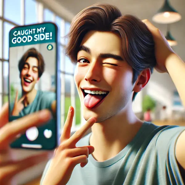 Playful selfie captions with phone